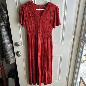 SHEIN coral red/orange Lace Detail Midi Dress